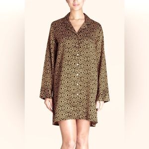 Natori Taipei Black Gold Geometric Button Up Womens Loungewear Sleepshirt Size L
